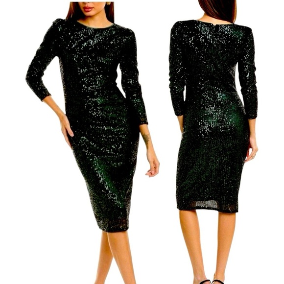 🦋 NWT! $188 Nannete Lepore Green Sequined 
stretch Sheath Midi Dress Size 4 - Picture 1 of 4